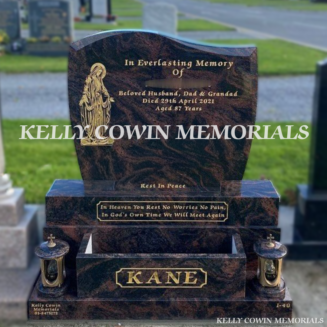 Front view of Pandora C1 headstone with gold inscription and flower box in Dardistown Cemetery Dublin
