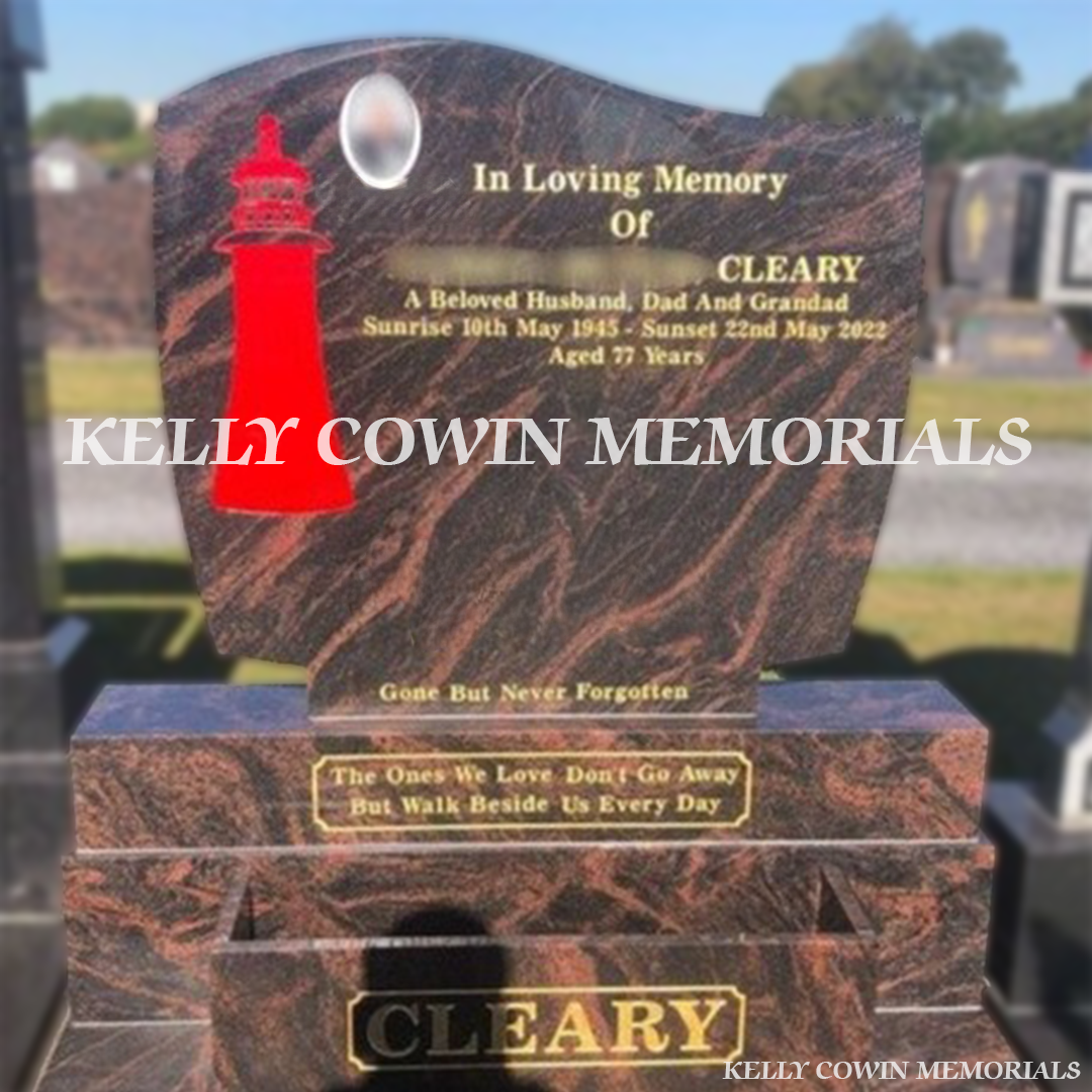 Front view of Pandora C1 headstone with flower box erected in Dublin by Kelly Cowin Memorials