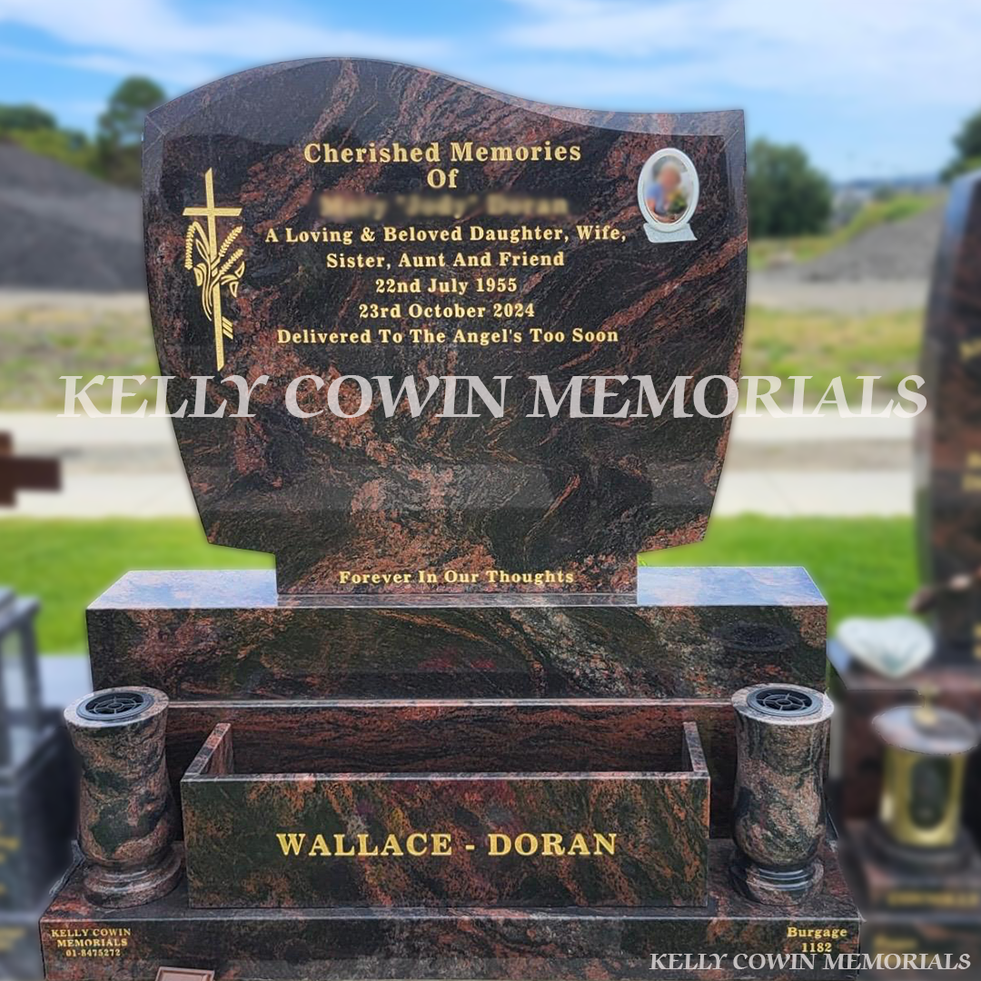 Pandora Granite C1 headstone with flowerbox, large vases, gold leaf inscription and oval photo installed in Dardistown Cemetery by Kelly Cowin Memorials