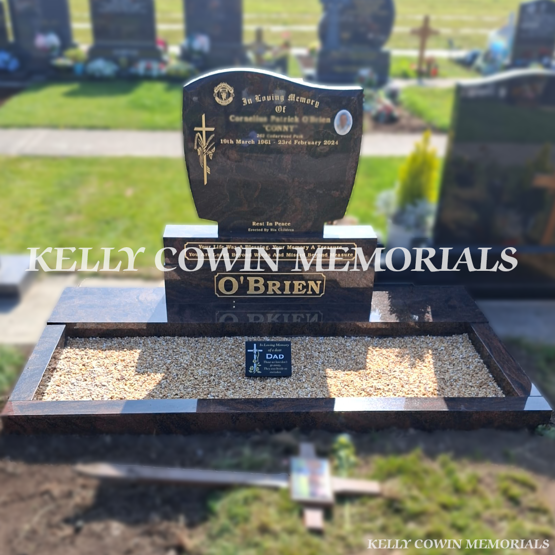 Pandora C1 granite headstone with full kerbing, ceramic memorial photo and 23.5ct gold leaf inscription installed in Dundalk Cemetery, County Louth by Kelly Cowin Memorials.