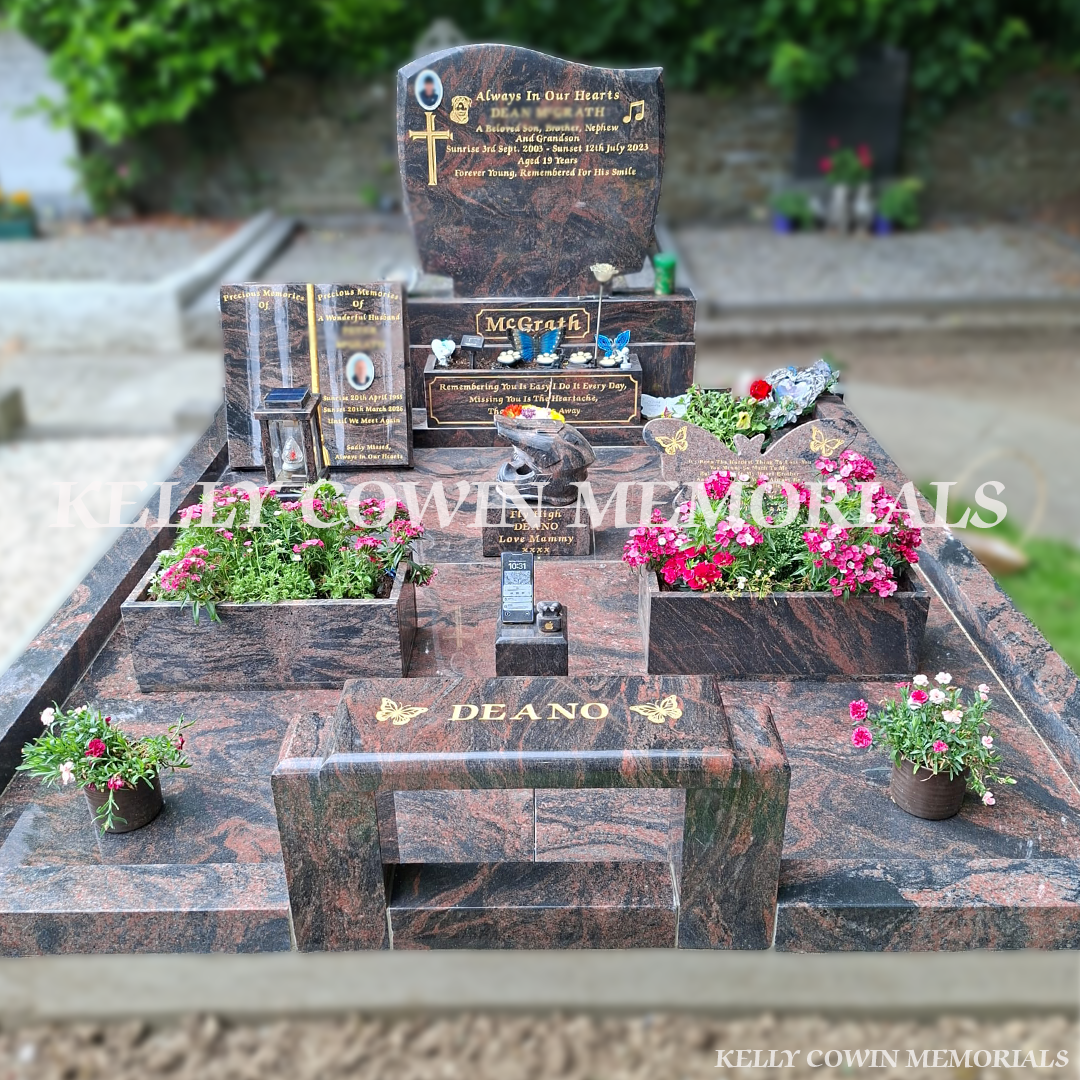 Pandora Granite C1 headstone with full granite kerbing, memorial seat, flower boxes, gold leaf inscription and matching memorial features installed in Lusk Cemetery by Kelly Cowin Memorials.