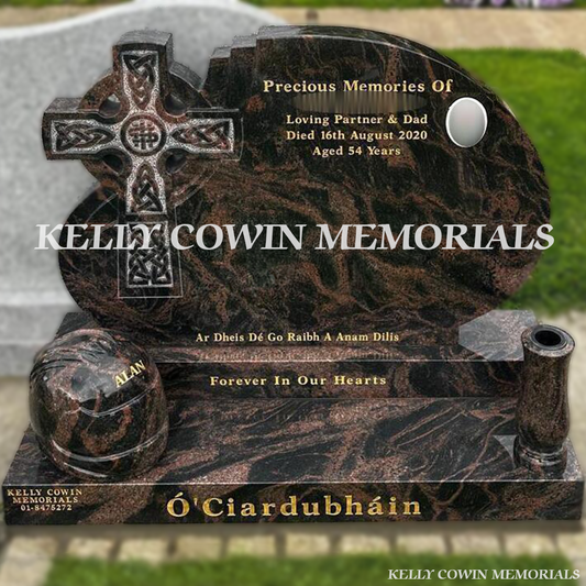 Front view of Pandora granite Celtic cross headstone with gold inscription in Piltown Cemetery