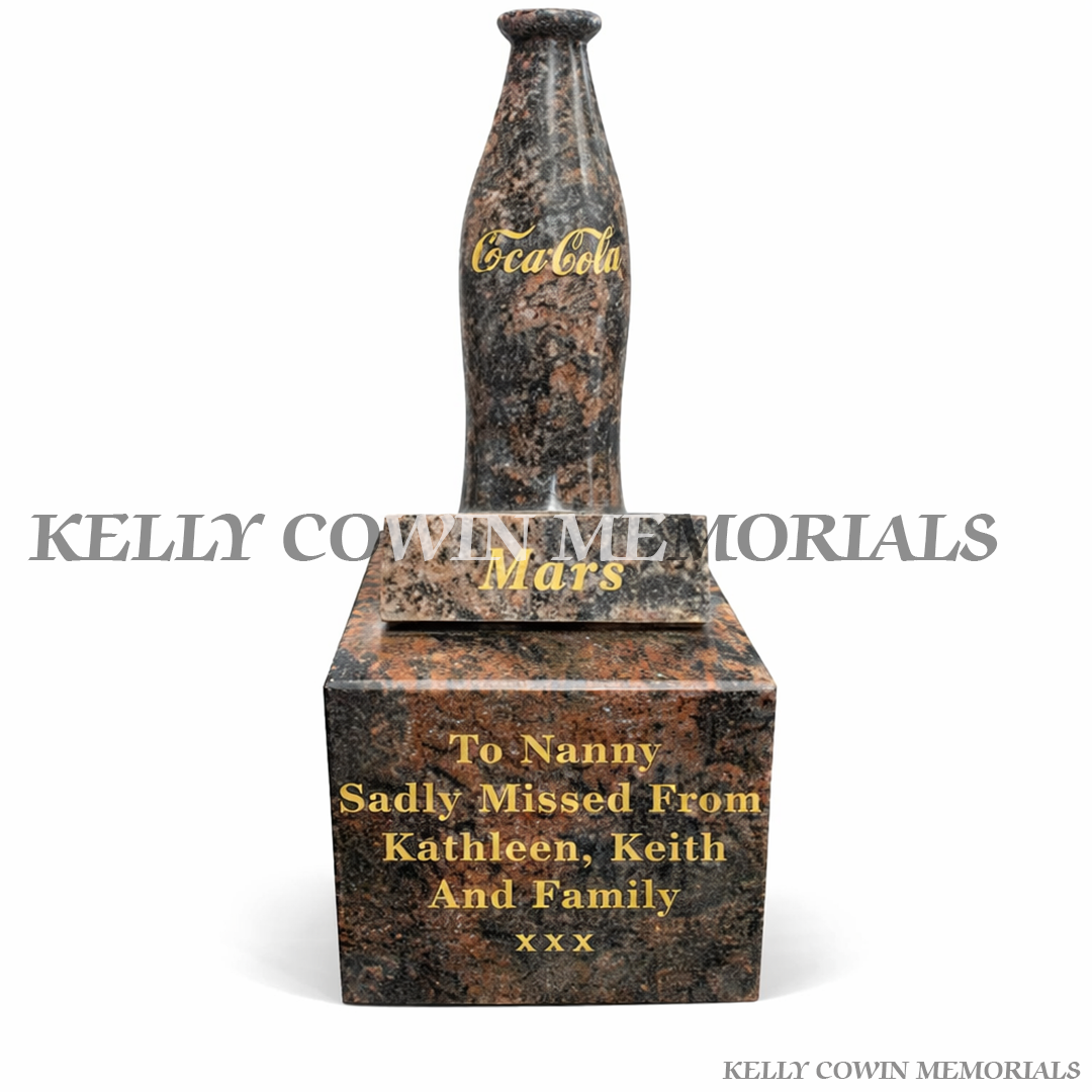 Pandora granite Coke bottle and Mars bar memorial ornament on engraved block base grave accessory Ireland