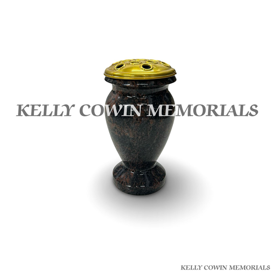 Front view of Pandora granite urn shaped vase with gold lid