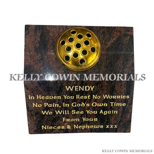Pandora granite sloped vase grave accessory with gold flower holder and engraved memorial text in Dublin and nationwide Ireland