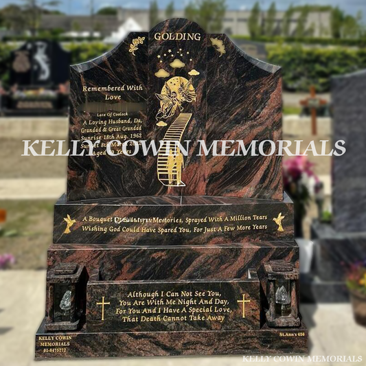 Front view of Pandora Gates of Heaven headstone with flower box and lanterns erected in Balgriffin Cemetery Dublin