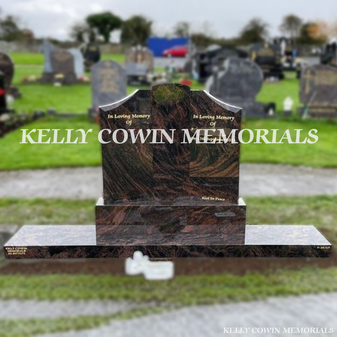 Front view of Pandora Gates of Heaven headstone with gold inscription on base and plinth in Dardistown Cemetery Dublin