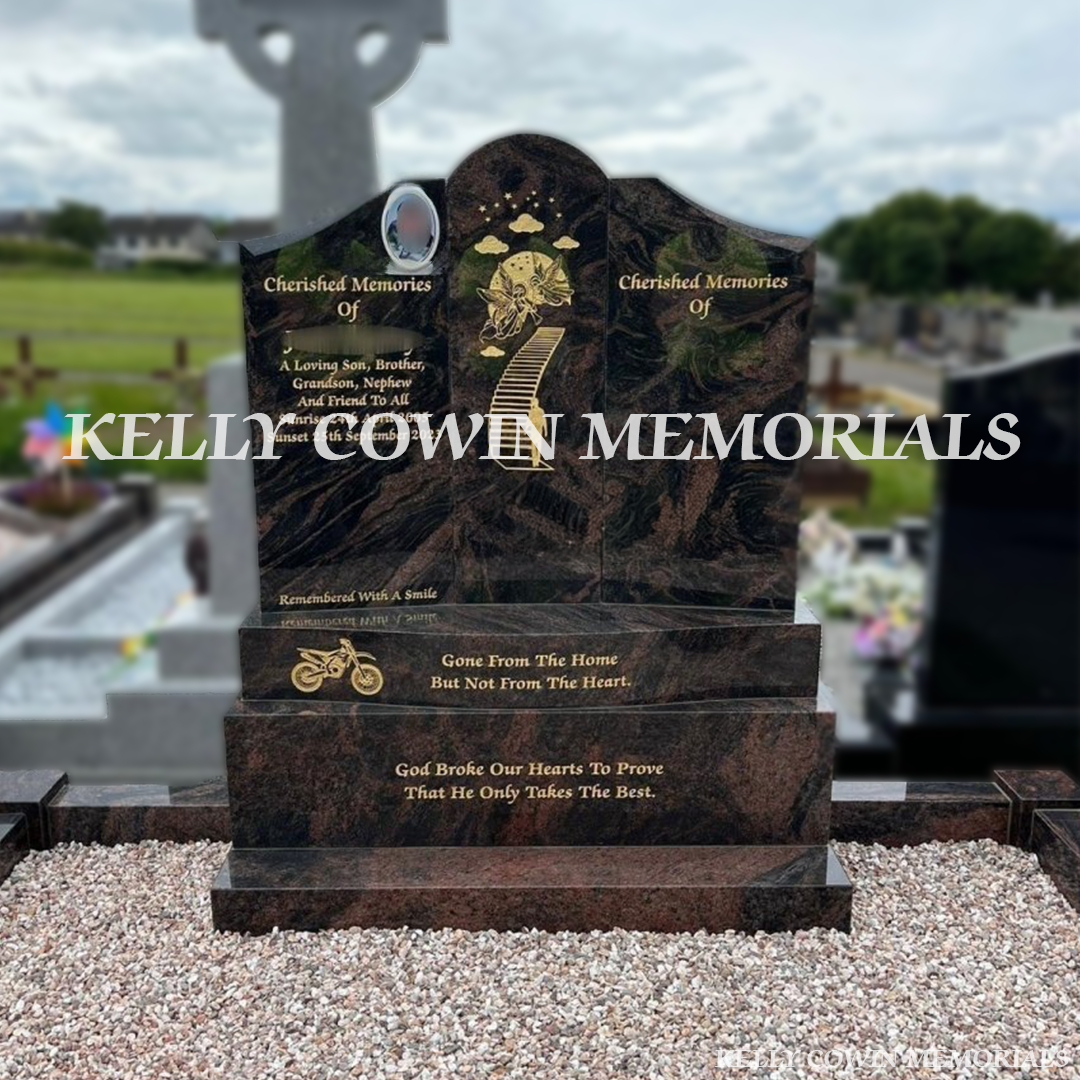 Front view of Pandora Gates to Heaven headstone with gold inscription in Calvary Cemetery