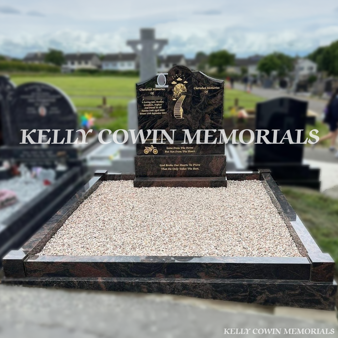 Front view of Pandora Gates to Heaven headstone with gold inscription in Calvary Cemetery