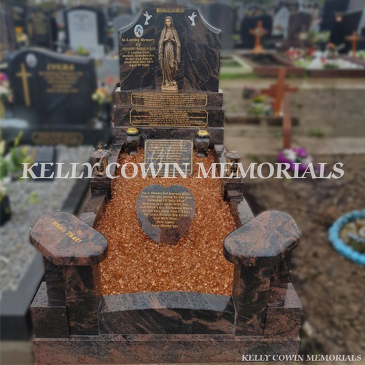 Pandora granite Gates of Heaven headstone with curved kerbing erected in Fingal Cemetery Dublin by Kelly Cowin Memorials