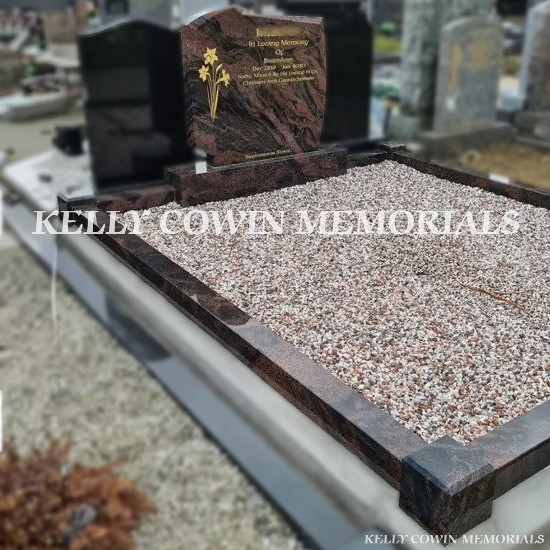 Front view of Pandora granite C1 headstone with gold inscription on a double plot in Fingal Cemetery Dublin