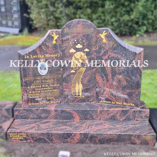 Front view of Pandora granite Gates of Heaven headstone with gold inscription and oval ceramic photo in Newlands Cross Cemetery