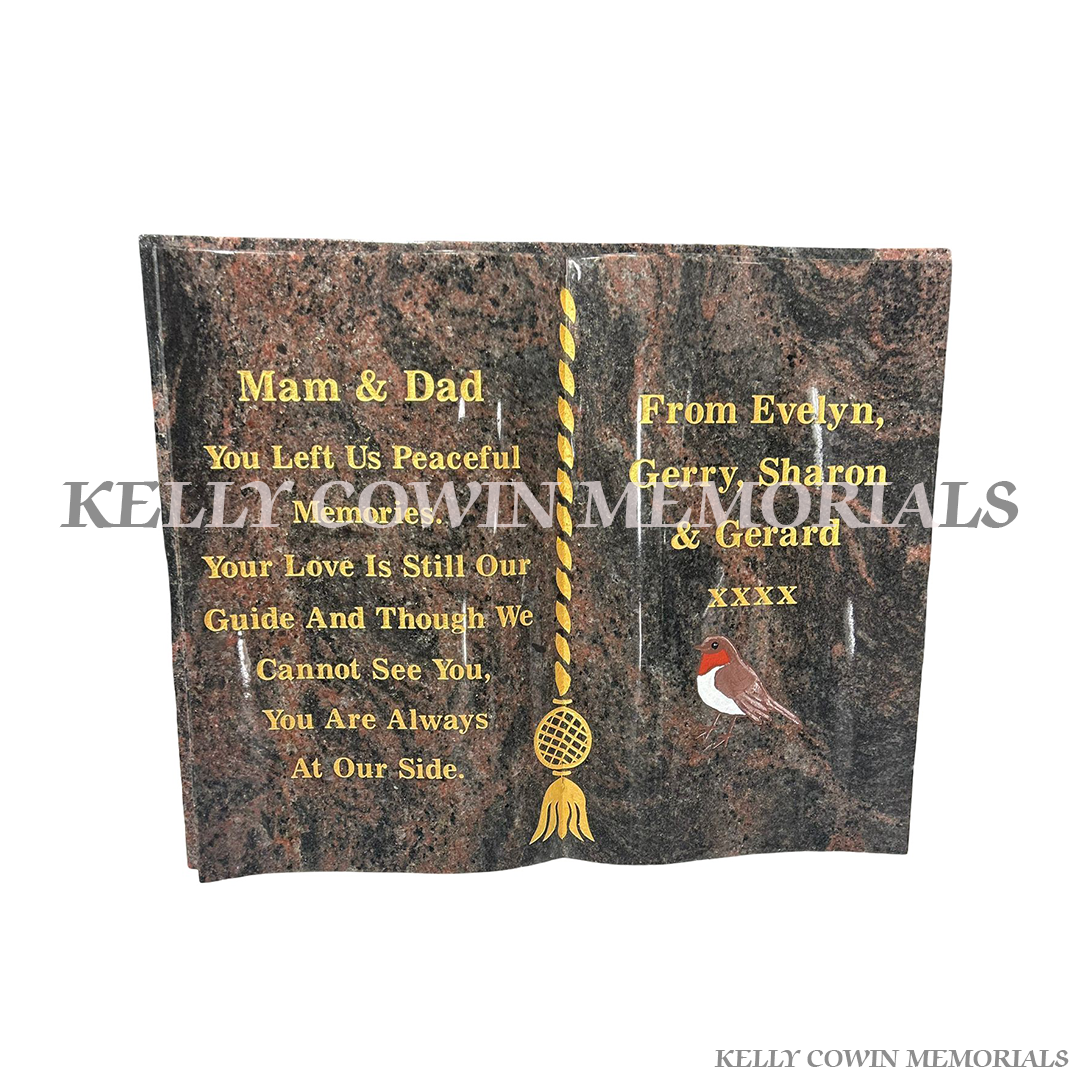 pandora granite book memorial with gold engraved lettering and image personalised plaque Ireland