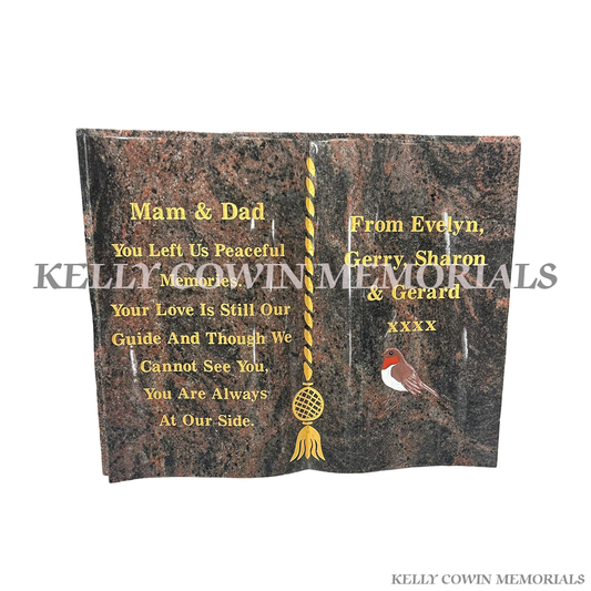 pandora granite book memorial with gold engraved lettering and image personalised plaque Ireland