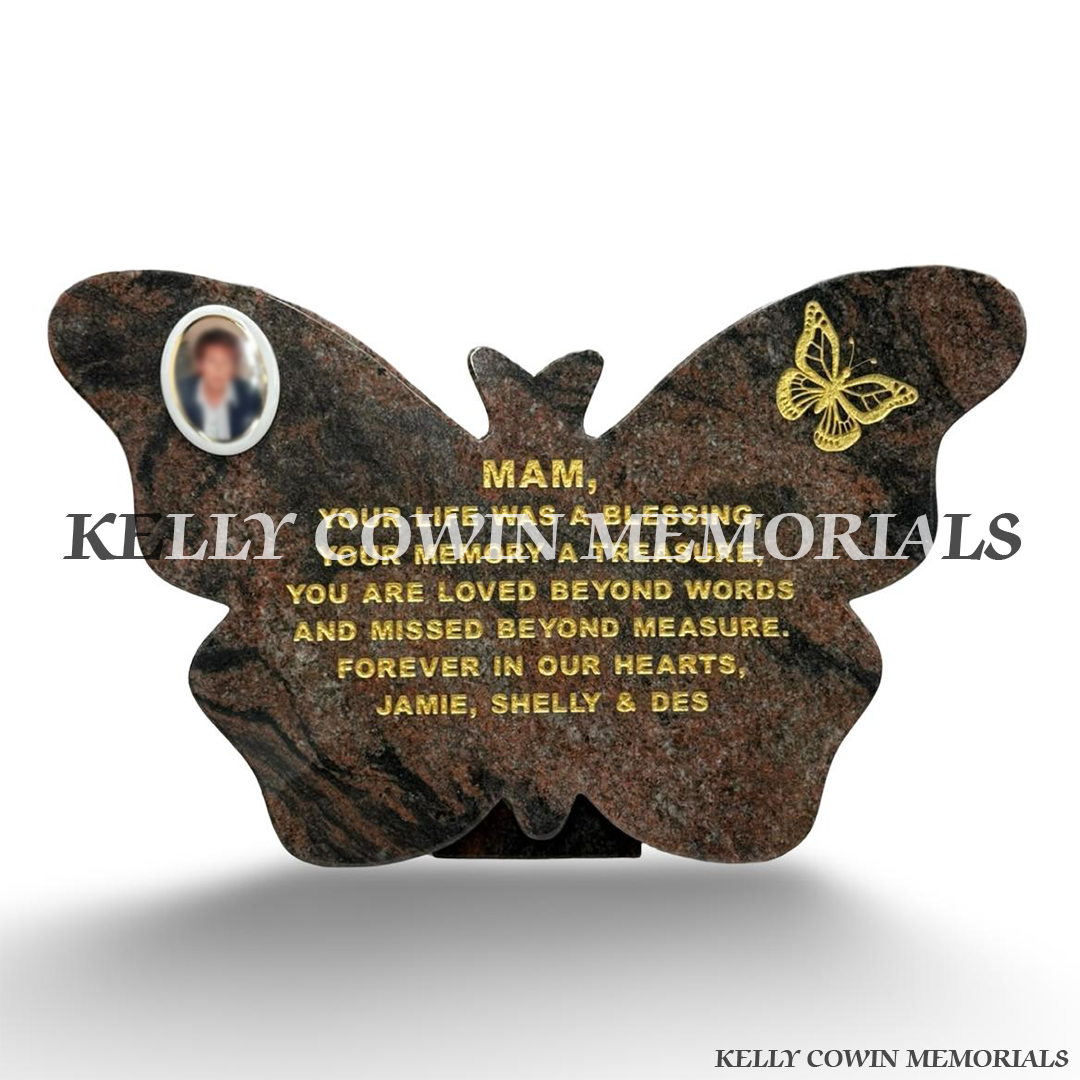 Pandora granite butterfly memorial plaque with gold engraved inscription, decorative butterfly design and personalised oval ceramic photograph by Kelly Cowin Memorials Ireland.