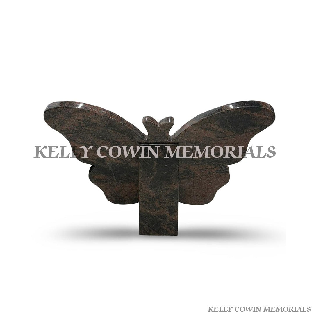 back view of polished Pandora granite memorial plaque with engraved butterflies