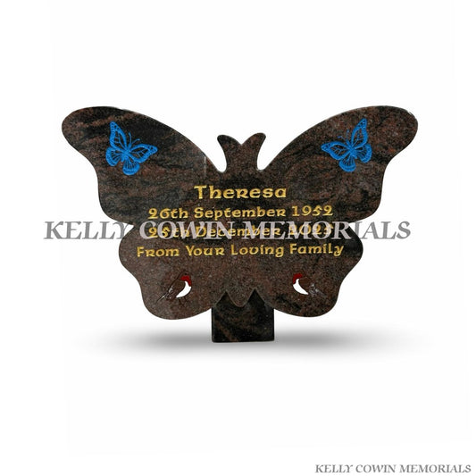 Front view of Pandora granite butterfly memorial plaque with gold wording