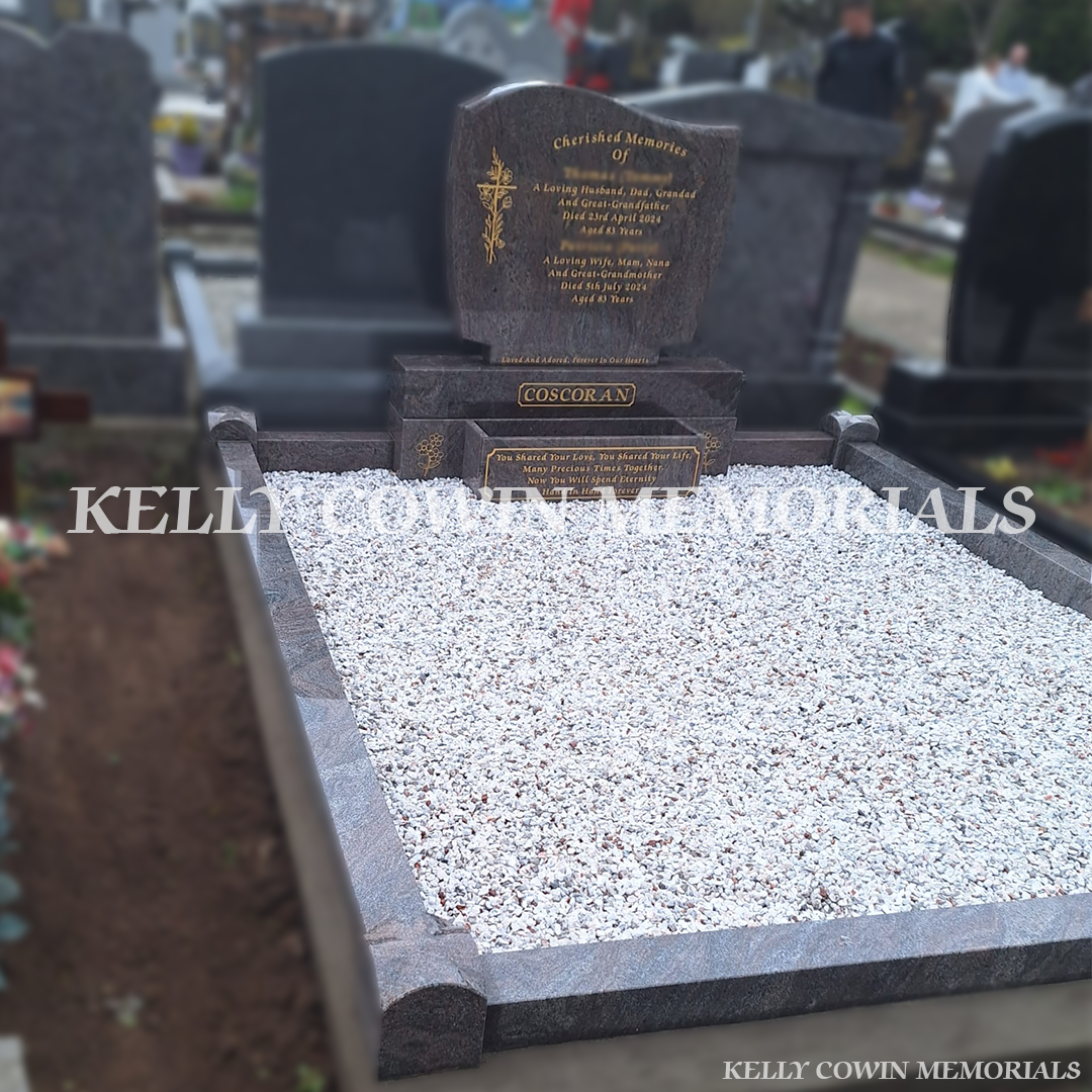 Side view of Paradiso granite memorial with kerbing and chippings