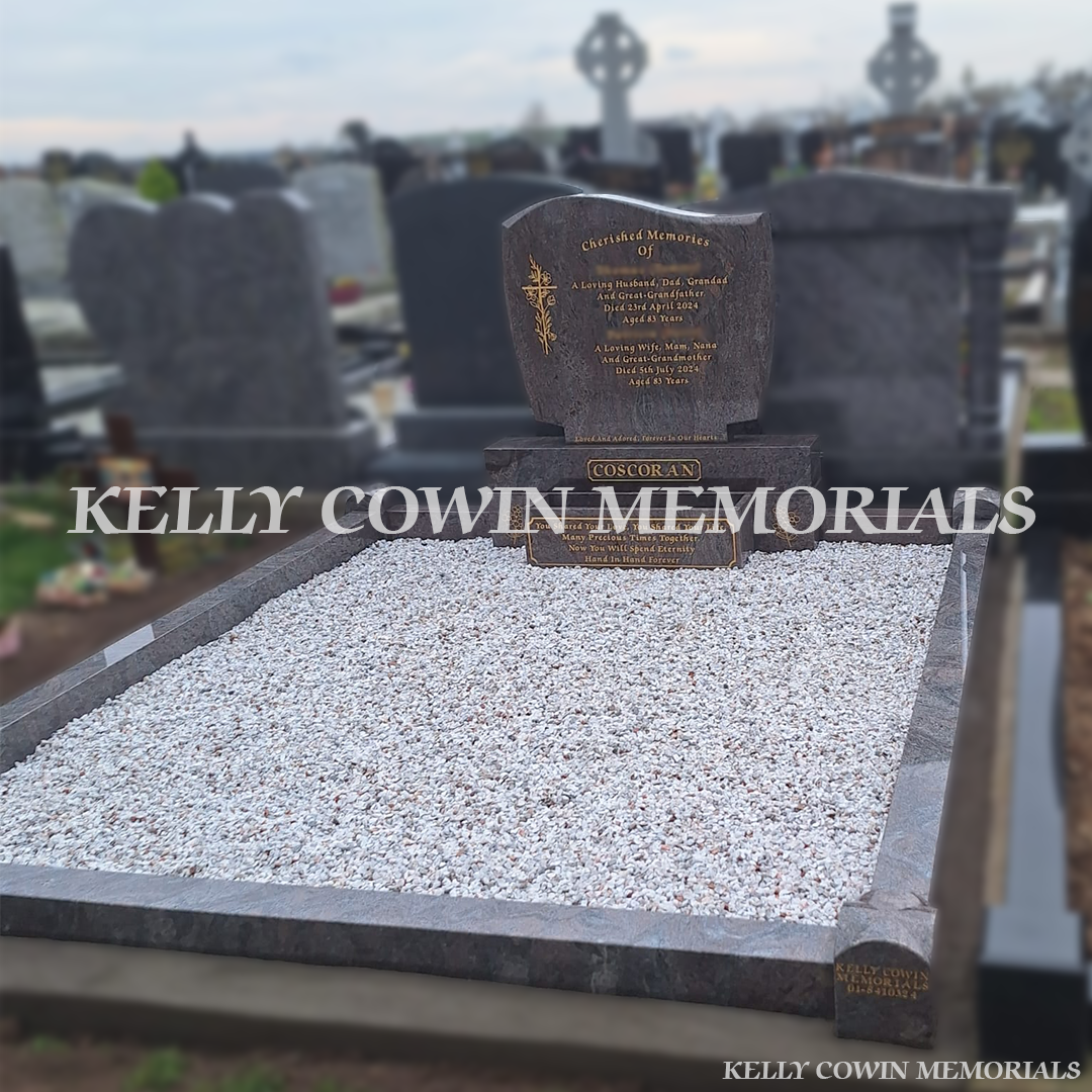 Second Side view of Paradiso granite memorial with kerbing and chippings