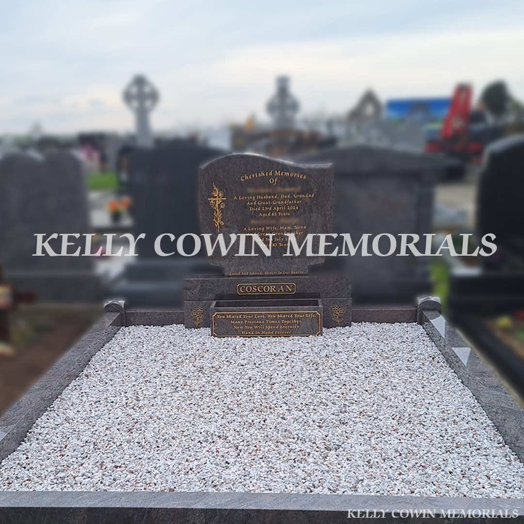 Front view of Paradiso C1 headstone with gold inscription in Whitestown Cemetery