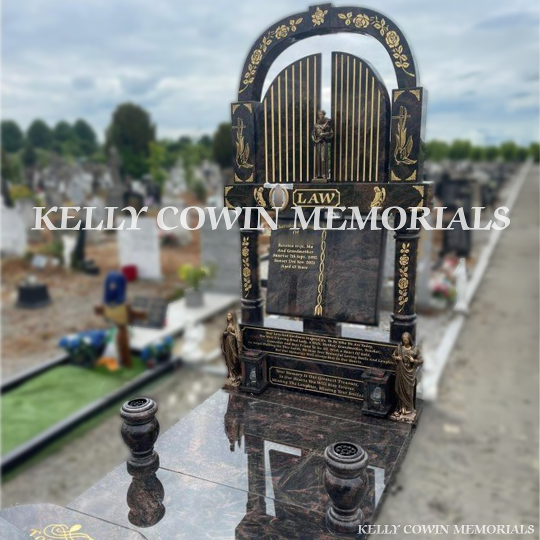 Front view of custom Pandora granite book headstone with gold inscription and Gates of Heaven detail in Fingal Cemetery Dublin