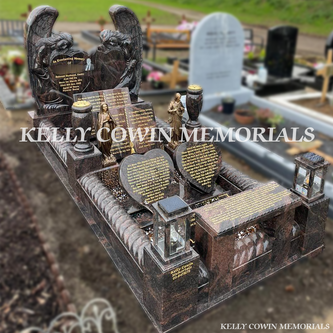 Side view showing roped kerbing, corner posts, bench and mixed polished chippings in Wexford cemetery