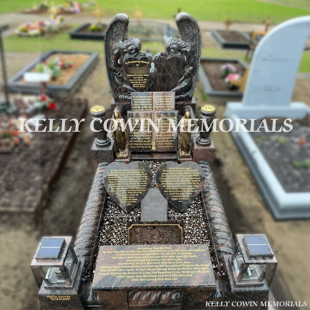 Front view of custom Pandora granite angel heart headstone with gold inscription and laser image in Wexford cemetery