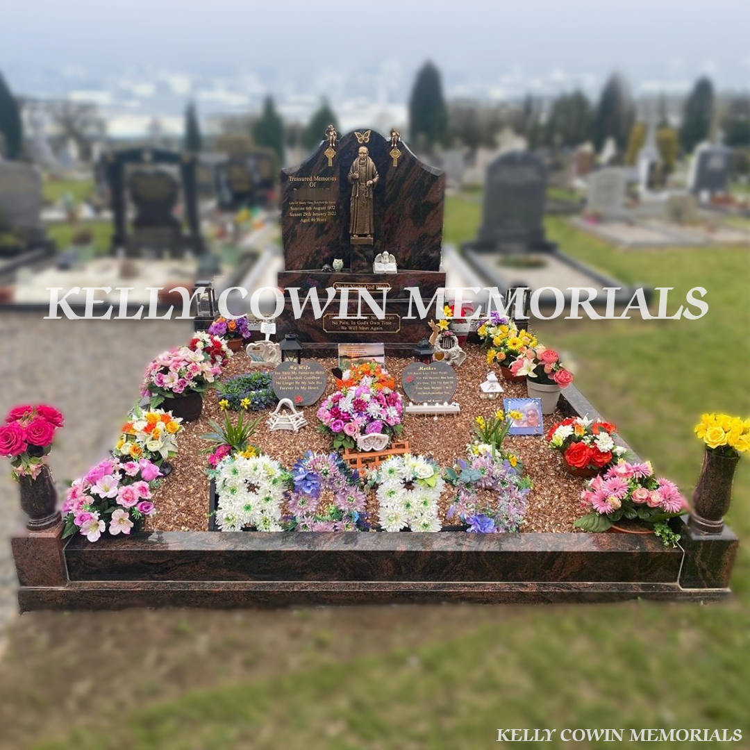 Front view of Pandora granite Gates of Heaven headstone with gold inscription in a Dublin cemetery