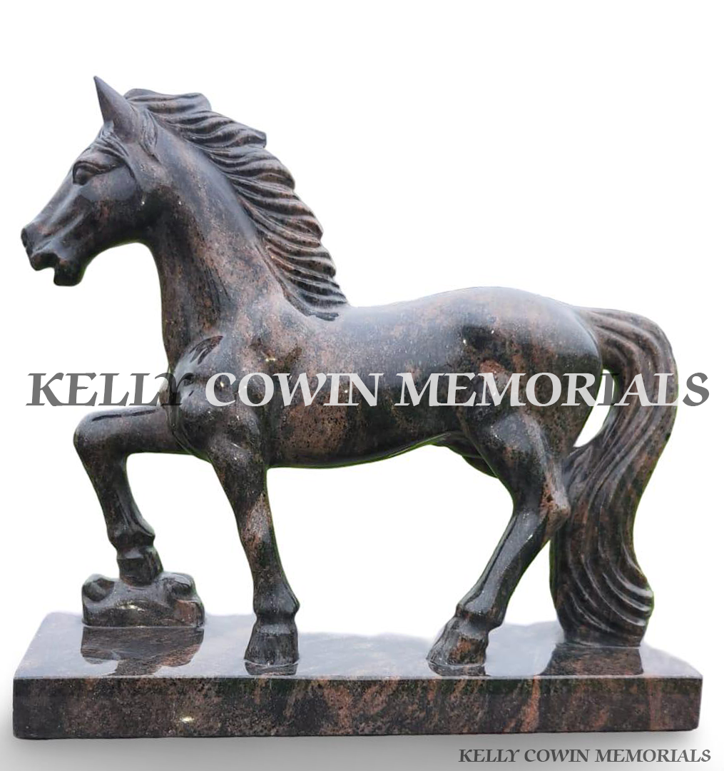 Pandora granite horse memorial statue with polished base and detailed flowing mane.
