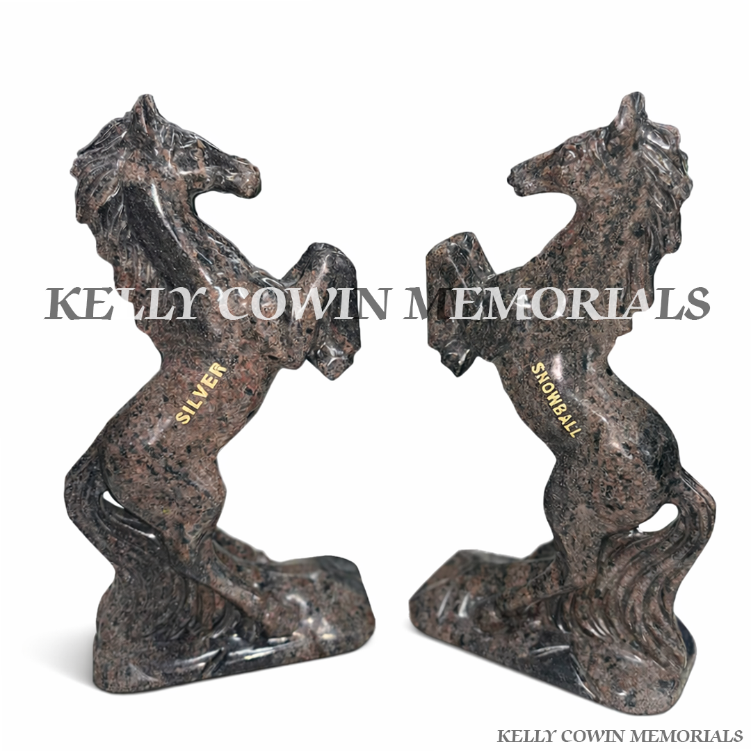 Front view of custom Pandora granite rearing horse memorial statues