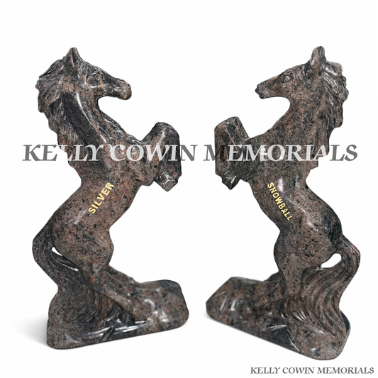 Front view of custom Pandora granite rearing horse memorial statues