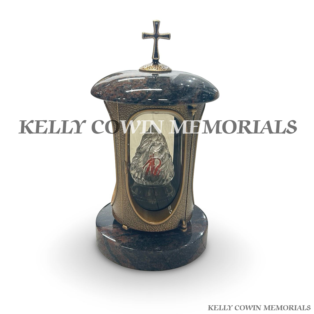 Front view of Pandora granite lantern with bronze cross detail
