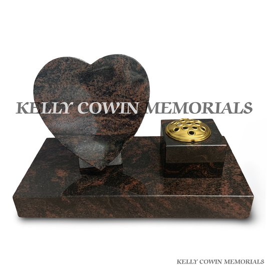 Front view of Pandora granite square vase and 12 inch heart on plinth