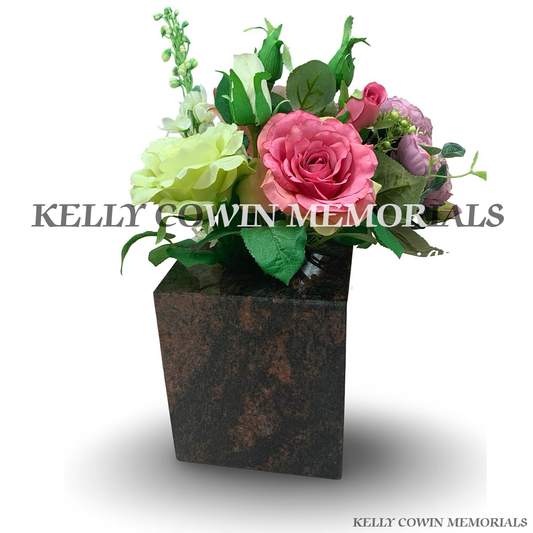 Front view of Pandora granite square memorial vase