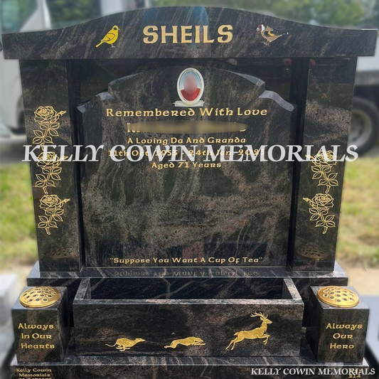 Front view of Pandora Top Nine headstone with gold inscription in Shanganagh Cemetery
