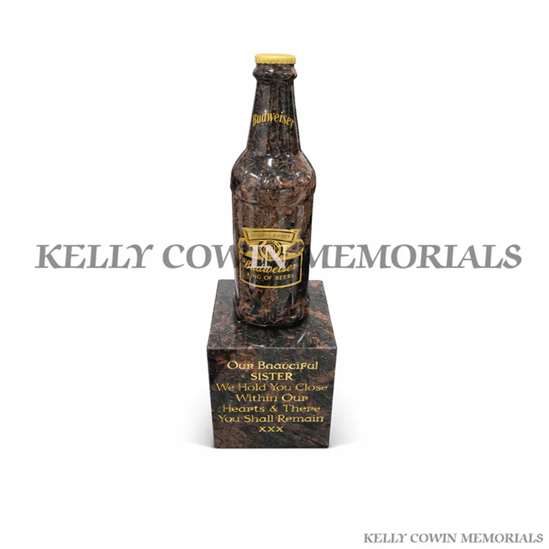 Pandora granite Budweiser beer bottle grave accessory with personalised engraved base Ireland