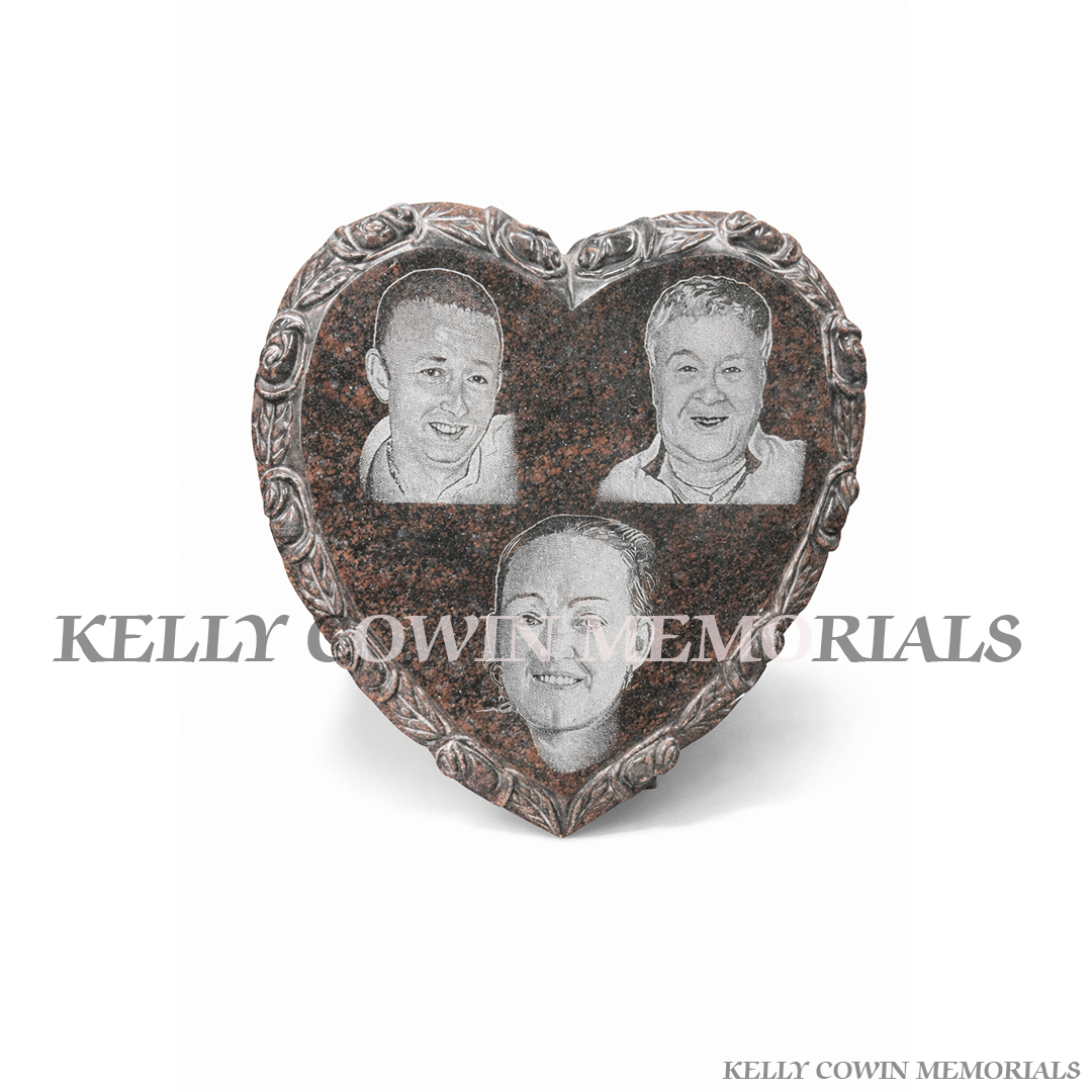 Heart-shaped polished granite memorial with laser etched portraits and matching vase block by Kelly Cowin Memorials Ireland