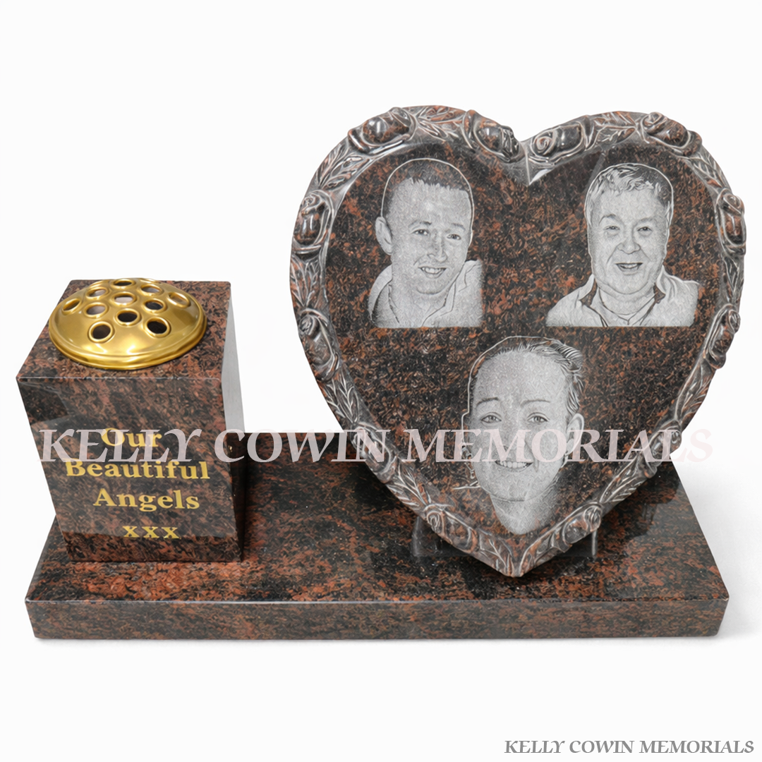 Heart-shaped polished granite memorial with laser etched portraits and matching vase block by Kelly Cowin Memorials Ireland