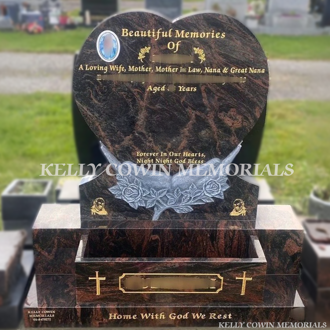 Pandora granite heart in hands memorial headstone with gold leaf lettering, base, sub base and plinth by Kelly Cowin Memorials Ireland