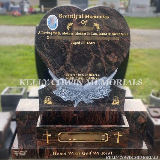 Pandora granite heart in hands memorial headstone with gold leaf lettering, base, sub base and plinth by Kelly Cowin Memorials Ireland