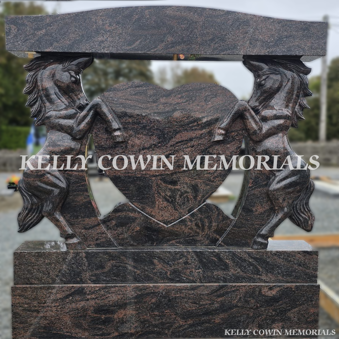 Rear view of Pandora granite horse heart memorial with polished finish and full kerbing — Kelly Cowin Memorials.