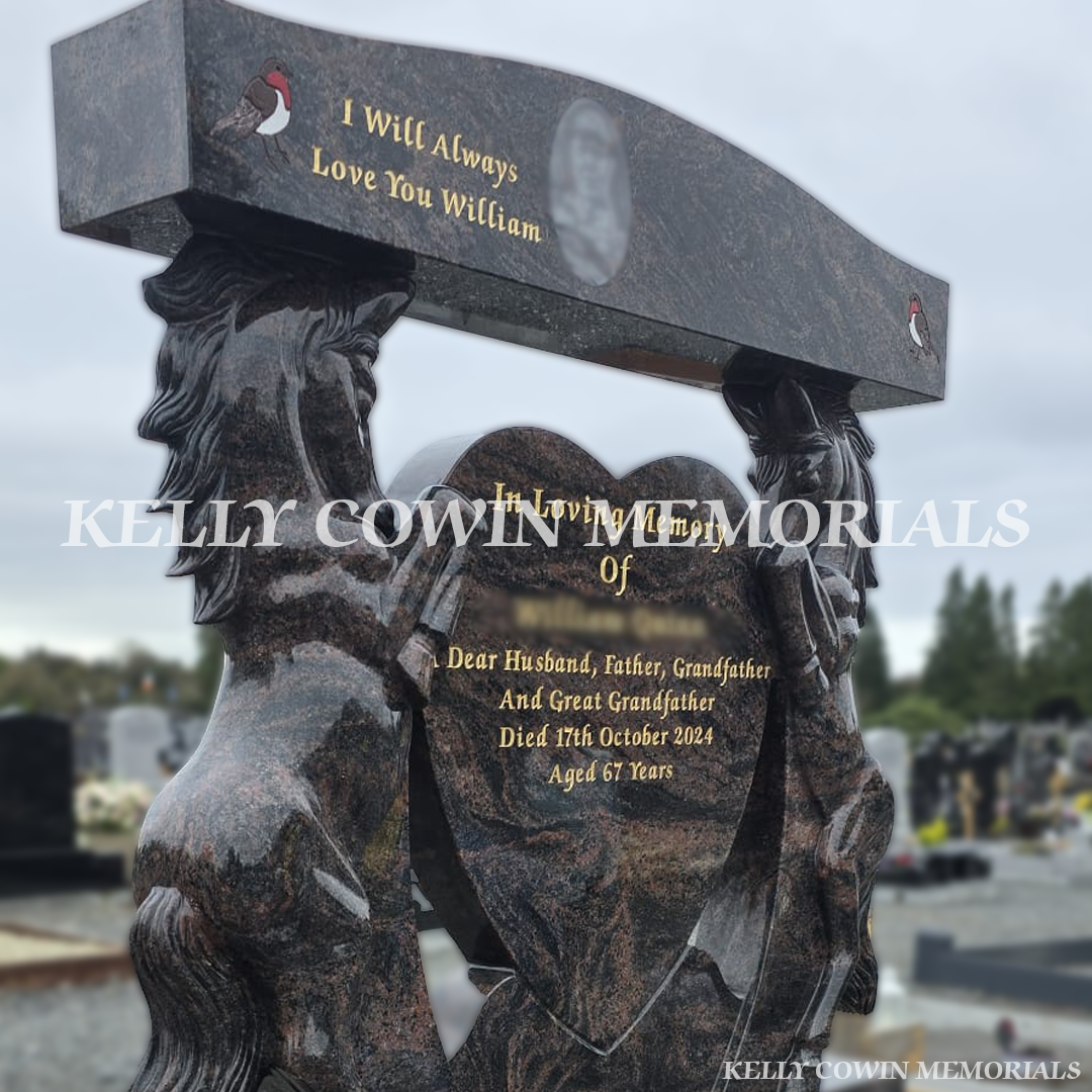 Side close-up of Pandora granite horse heart headstone showing polished details and engraved lettering — Kelly Cowin Memorials.