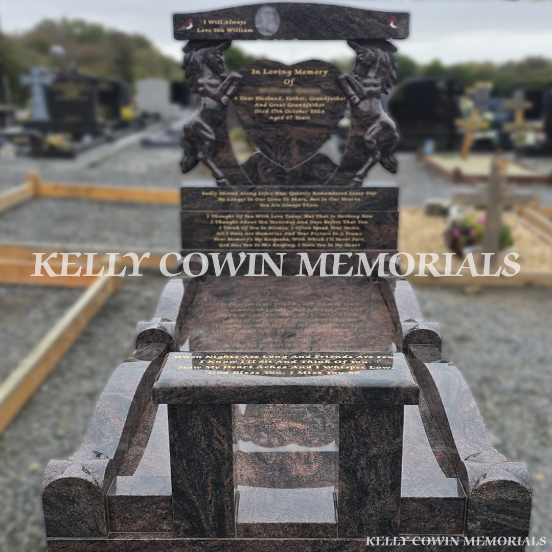 Pandora granite horse and heart-shaped headstone with gold lettering and full kerbing — Kelly Cowin Memorials.