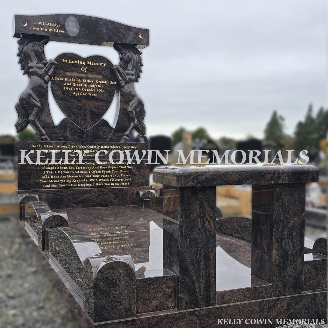 Side view of Pandora granite horse heart headstone showing curved kerbing and polished granite base — Kelly Cowin Memorials.