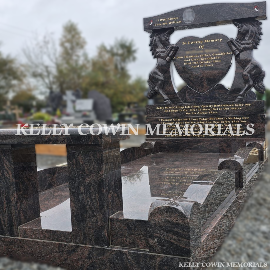 Low-angle view of Pandora granite horse heart memorial with full granite floor and kerbing — Kelly Cowin Memorials.