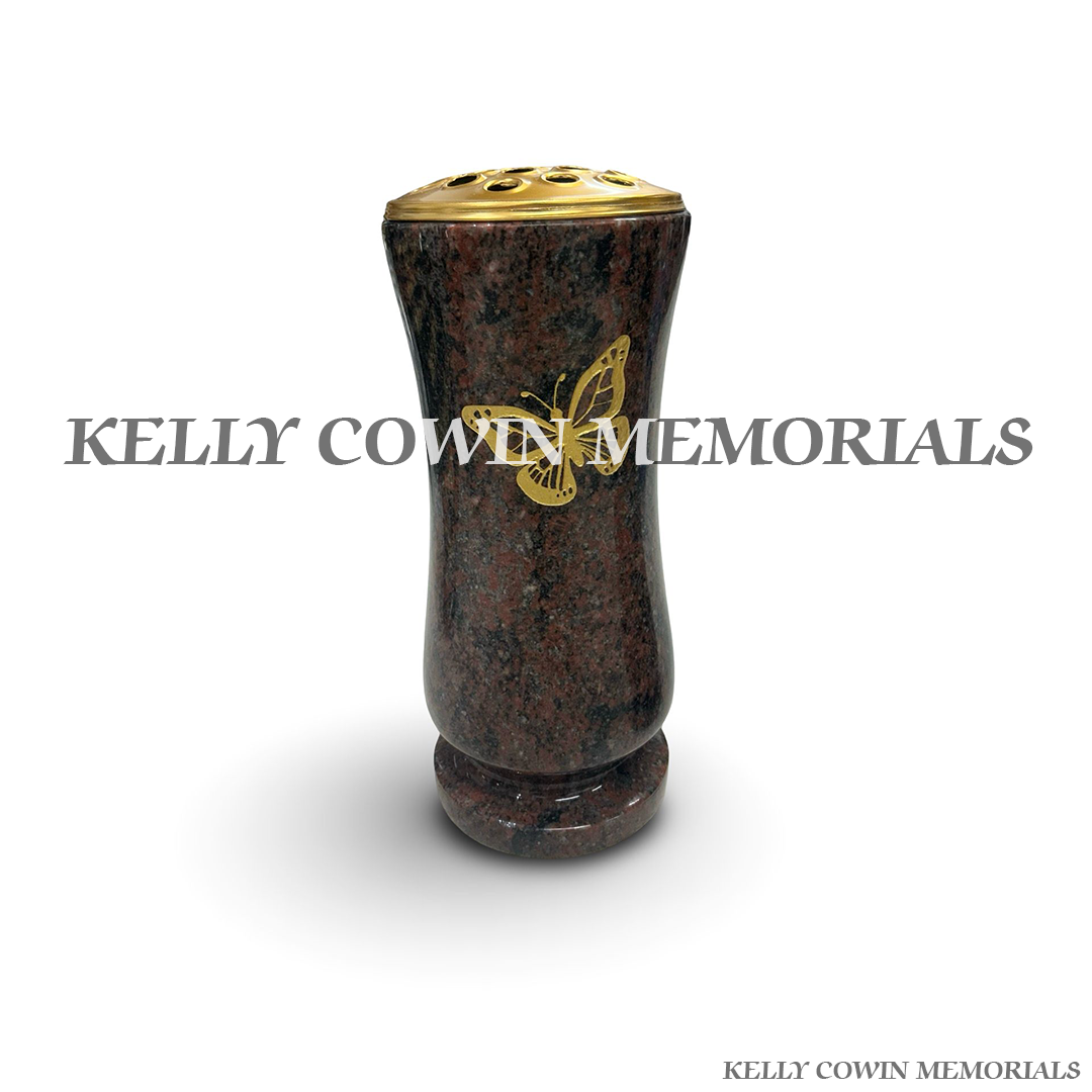 Front view of Pandora granite tall vase with gold butterfly engraving and gold lid