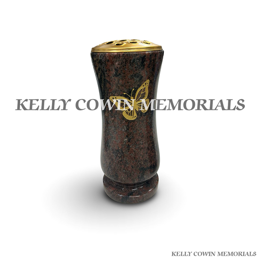 Front view of Pandora granite tall vase with gold butterfly engraving and gold lid