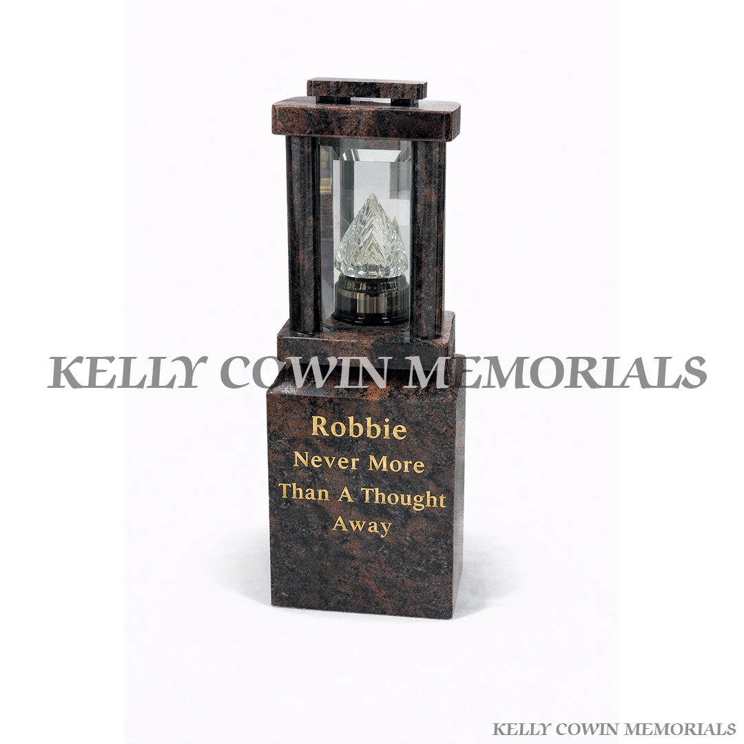Pandora granite memorial lantern on engraved block base grave tribute light Ireland