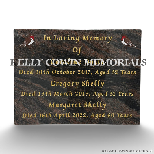 Front view of 12x18 Pandora granite plaque with gold inscription