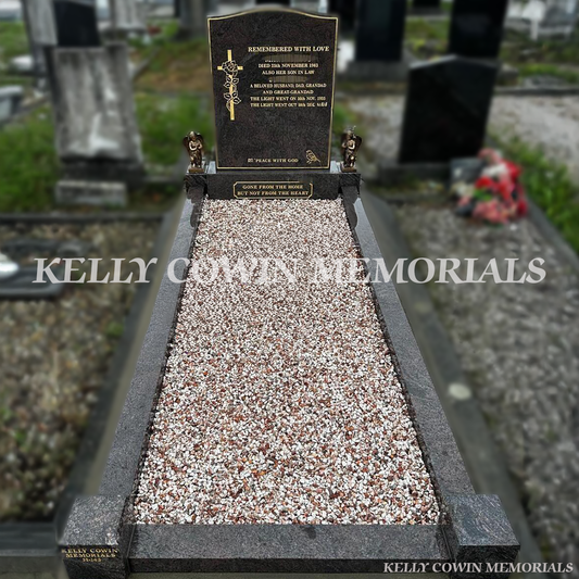 Pandora granite OG headstone with kerbing erected in Fingal Cemetery Dublin by Kelly Cowin Memorials
